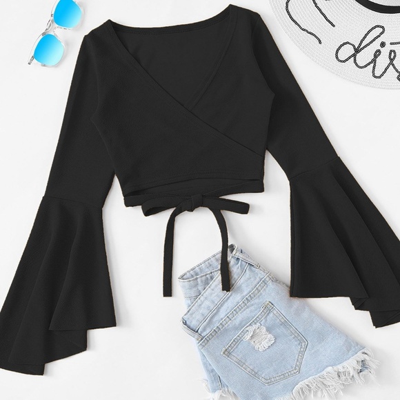 Fierce Broad Tops - Black Flare Sleeve Tie Top